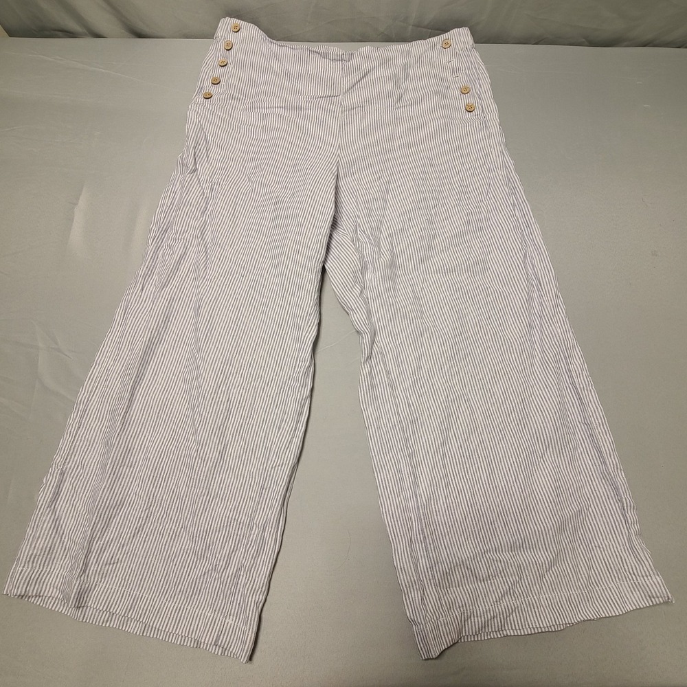 J Jill Linen Pants Womens L Seersucker Wide Barrel Leg Blue White Striped